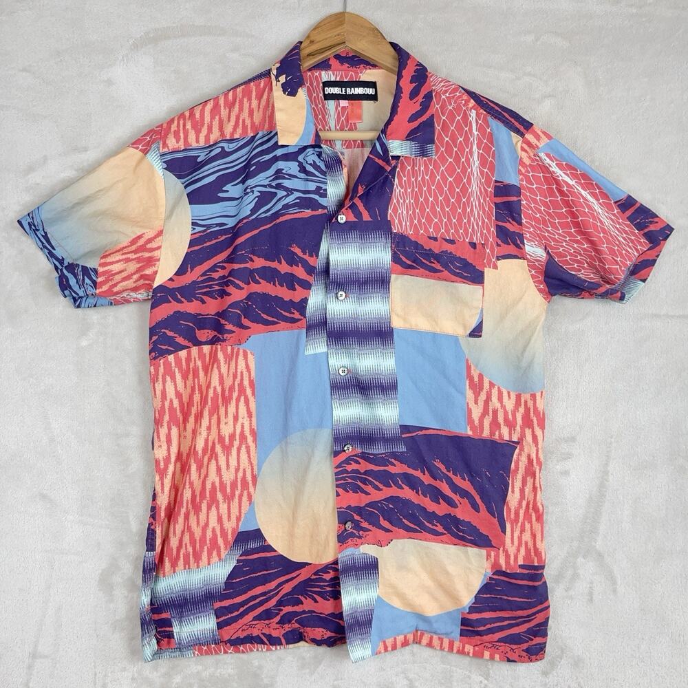 Double Rainbouu Abstract Print Camp Shirt Men's S Hawaiian Surf Slackercore